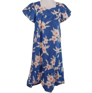 Vintage 80s Made in Hawaii Women's Plus Size Blue Floral Hawaiian Maxi Dress Lg
